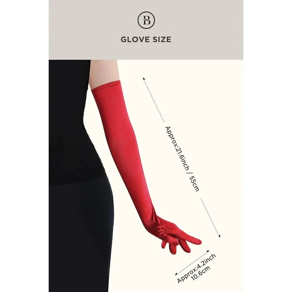 Women's Red Vintage Satin Long Gloves Party Costume Stretchy Elbow Length